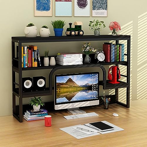 Simple Desktop Bookshelf for Computer Desk,Modern 2 Tier Bookcase shelves,Wood Book Organizer,for Home ce Supplies computer table Organize(135x90x3cm(53x35x1inch),Black f)