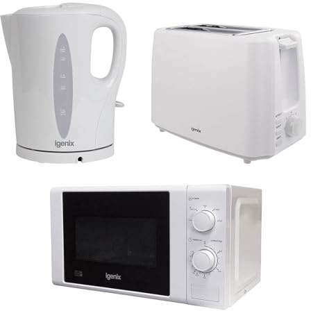 Igenix 3-Piece Kitchen Appliance Set – 1.7L 2200W Fast Boil Kettle, 750W 2-Slice Toaster & 20L 700W Microwave Oven with 5 Power Levels & Timer – White