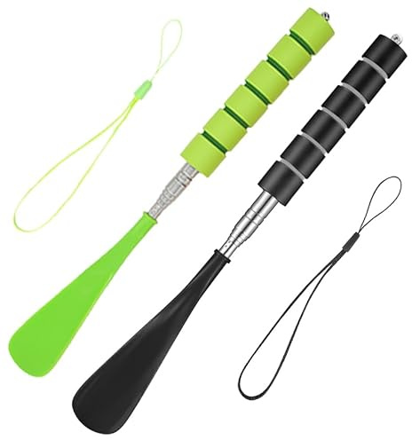 Amazleer 2 Stück Teleskop Schuhlöffel Lang Kurz Set, Lang und Kurz, Teleskop Verstellbar 29-70cm Ausziehbarer Schuhanzieher Kunststoff Edelstahl Klein Lang für Herren Damen (Schwarz & Grünes)