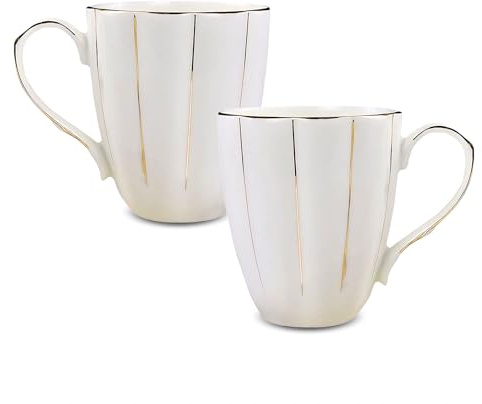 White Bone China Coffee Mugs Set of 2, 14oz Pumpkin Shape Cups with Handle | 400ml Porcelain Coffee Tea Mug with Gold Trim, for Tea Beer Cocoa Milk, Dishwasher & Microwave Safe