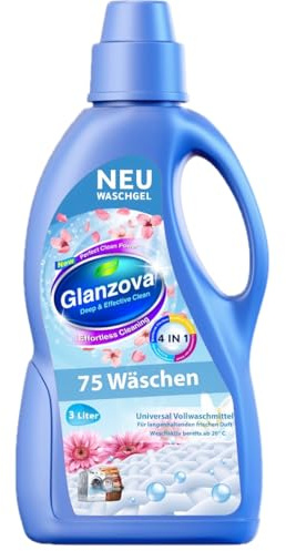Glanzova Universal Vollwaschmittel, 4-in-1 Perfect Clean Power, 3 Liter, 75 Wäschen, Waschgel mit Frischem Duft
