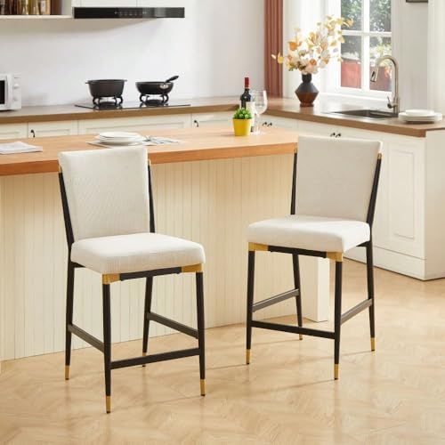 Paar Barhocker im skandinavischen Design (Thekenhöhe) - Schwarze Fußstütze mit goldenen Akzenten, rechteckige Fußstütze und cremefarbener Sitz - Für Küche oder Barinsel