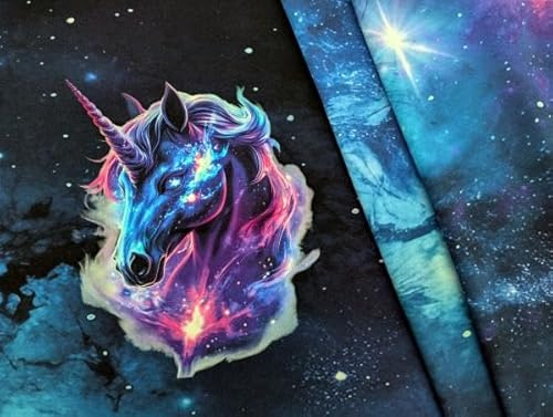 Corileo Eigenproduktion French Terry Panel Fantasy Unicorn in Galaxy auf Nachtblau 75 x 165 cm Stoff Meterware 95% Baumwolle 5% Elasthan