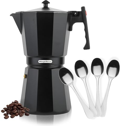 MAGEFESA Forte - Cafetera Italiana de 6 Tazas + 4 Cucharillas Moka, Aluminio, Asa y Pomo de Baquelita, Apta en Todas las Cocinas, Inducción