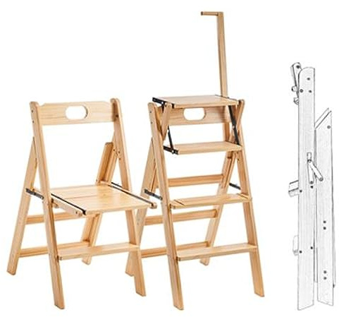 LVSEWOA Escabeau-échelle Pliant en Bois Massif, Tabouret-escabeau, escabeau à Double Usage avec Rampe, Support d'exposition à 4 marches, Support à Fleurs.