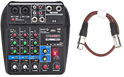 Audiomixer, A4 Sound Mixing Console Bluetooth USB Record Computer Playback 48V Phantom Power Delay Repaeat Effect 4 Channels Audio Mixer(A4 E-U 2pcs 0.5M)