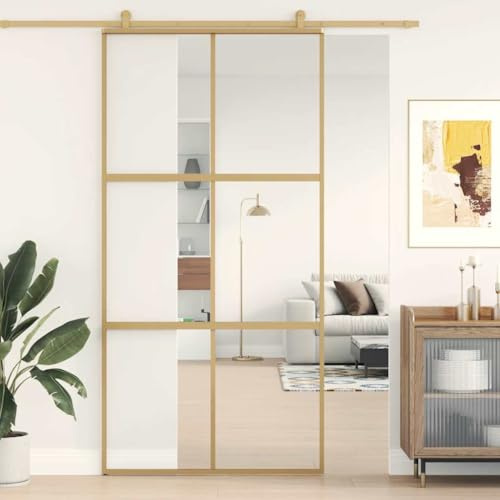 LoogCape Puerta corredera dorada 102,5 x 205 cm, marco de aluminio templado transparente, puerta corredera interior con diseño de cristal fino para dividir espacios con amortiguador y tope de puerta