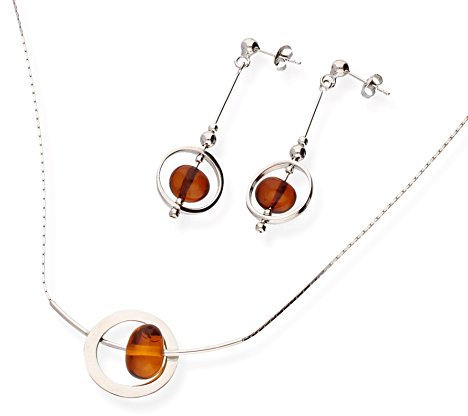 Echtes 925 Silber SCHMUCKSET,Collier + Ohrhänger mit Bernstein Coniac