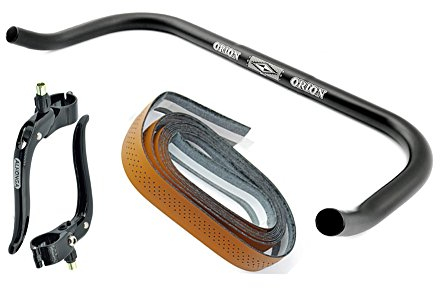 Permanent-Fahrrad Bullhorn Fixie Singlespeed Rennrad Triathlon Lenker Schwarz 440mm mit Bremshebel und Hellbraunem Lenkerband