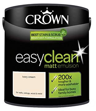 2.5L CROWN Easy Clean MATT Emulsion Multi Surface Paint That can be Used on Walls, Ceilings, Wood and Metal. Stain & Scrub Resistant Formula – Ivory Cream