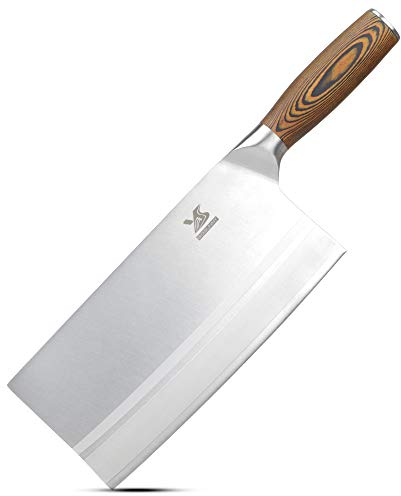 MSY BIGSUNNY Hackmesser Chinesisches Kochmesser, Klingenlänge 20,5cm, Großes Klingenblatt, Kohlenstoffreicher Stahl, Farbe Holzgriff