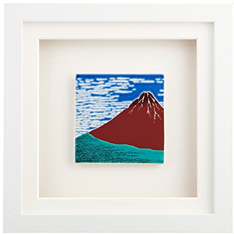 Japan Wandbild AKA-Fuji aus japanischem Porzellan in 3D-Holz-Bilderrahmen Weiß Geschenk-Box für den Tisch und Wand 22,5 x 22,5 x 3,3 cm