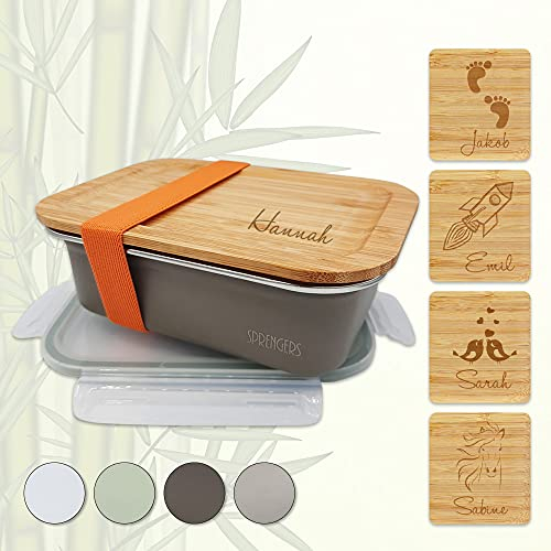 sprengers – Personalisierbare Brotdose aus Edelstahl – nachhaltige & auslaufsichere Brotbox – Lunchbox mit individueller Gravur mit Namen und Motiv - mit Trennsteg (Grau, 600 ml)