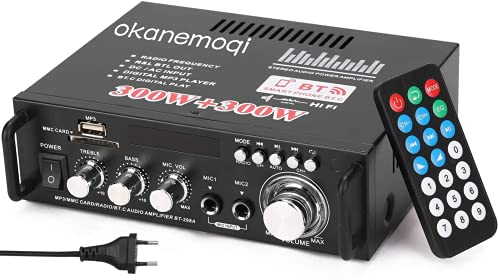 Mini Amplificador Audio Bluetooth 5.0, 12 V / 220V Amplificador de Audio Estéreo 300W+300W 2CH Pantalla LCD de Alta fidelidad para el Hogar del Automóvil Música SD USB FM