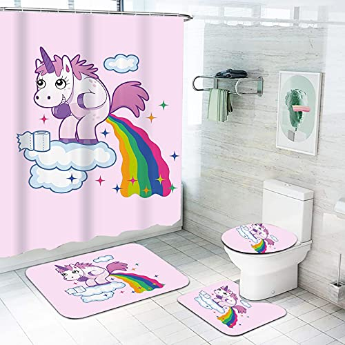 Fgolphd Einhorn Duschvorhang 180x200 180x180 Cartoons Rosa Einhorn Bunt Badezimmerteppich 4-teiliges Set, Shower Curtains Wasserdicht Duschvorhang (180 * 180,17)