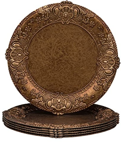 MAONAME 13 Antique Gold Charger Plates, Plate Chargers with Embossed Rim, Round Plastic Charger Plates for Wedding, Table Decor, Set of 6