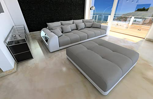 Big Sofa Miami Mikrofaser mit USB Anschluss und LED-Beleuchtung wahlweise mit Hocker/Leder/Zierkissen (mit großen Hocker, Weiß-M12)