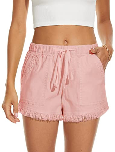 HVEPUO Short d'été, large, pour femmes, en coton et lin, avec ceinture élastique, F-rose, S