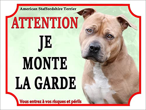Plaque Attention Chien amstaff monte la garde métal Aluminium 15 cm x 20 cm American Staffordshire Terrier monte la garde modèle marron1