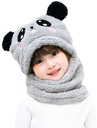 JFAN Wintermütze Unisex Mütze Schal Set Mädchen Niedliche Bärenohren Mütze Cap Kinder Jungen Grau