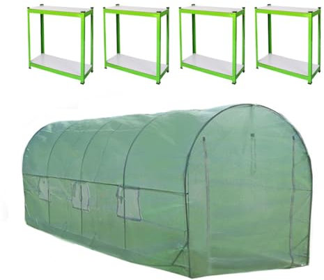 MonsterShop - Serra da Giardino a Tunnel da Esterno in Polietilene Resistente alla Corrosione e Raggi UV Telaio in Ferro Galvanizzato per Piante Giardinaggio Telaio 25mm - 6m x 3m & 2 Scaffali Inclusi