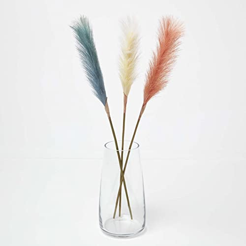 HOMESCAPES Set of 3 Orange Cream & Blue Artificial Single Stem Pampas Grass Flower 78 cm Tall Faux Silk Pampas Decoration for Bouquet or Floral Arrangement