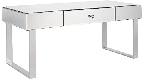 Table Basse Argentée en MDF Verre Métal Finition Brillante 1 Tiroir Nesle