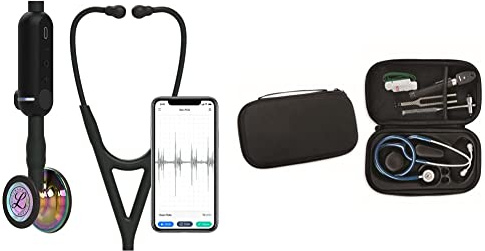 3M Littmann CORE Stéthoscope numérique, 8572 tubulure noire, Édition Rainbow brillant, base et lyre noire, 69 cm + GIMA ÉTUI CLASSIC pour stéthoscope - noir.