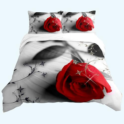 AOXHFNV Rose Bettbezug Set 3D Rot Rose Bettwäsche Set Mädchen Kreative Rose Bettwäsche Set 3 Teilig mit 2 Kissenbezug (Rot B, 135×200cm)