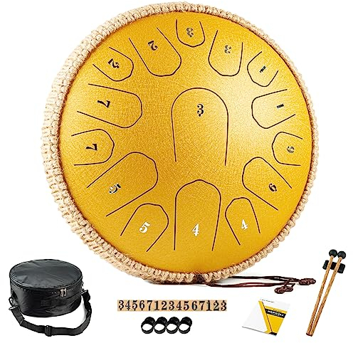 HOPWELL Steel Tongue Drum - 13 Zoll 15 Noten Tongue Drum - Hand Pan Drum mit Notenbuch, Schlagzeug Schlägel und Tragetasche, D-Dur (Gelb)