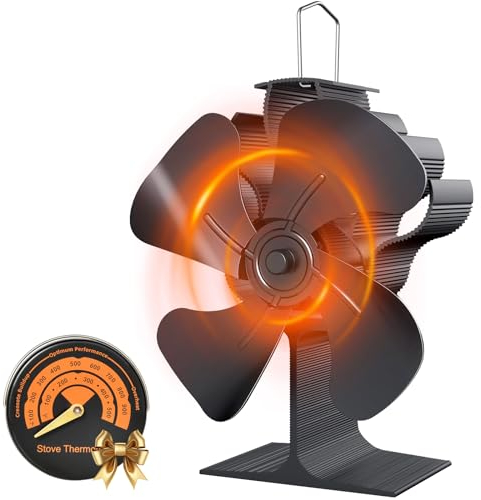 Wopigh Ventilador de Chimenea con Funcionamiento silencioso automático, Energía Térmica y Distribución Eficiente del Calor para Estufas de Leña y de Pellets (4 Hojas)