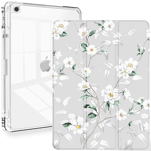 Feams iPad 9th/8th/7th Generation 10.2 Inch Case, Trifold iPad 10.2 Case Clear Transparent Back Cover with Pencil Holder & Auto Sleep/Wake for iPad 9th/8th/7th Gen 2021/2020/2019, White Flower