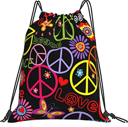 SJOAOAA Hippie mit Peace Symbol Pilze Kordelzug Taschen für Damen und Herren String Bag Turnbeutel Geschenk für Yoga Schule Schwimmen Strand, Hippie mit Friedenssymbol Pilze, One size