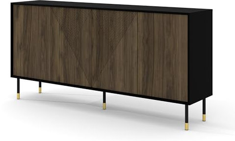 Homlando Kommode Woody Pacific 4D 180 cm - Sideboard mit 4 Türen für Schlafzimmer oder Wohnzimmer - Moderne Kommode mit gefräster Front MDF - Metallbeine - Schwarz Matt/Pacific Walnuss