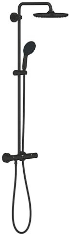 GROHE Vitalio Start System 250 Colonne de Douche avec Mitigeur Thermostatique, Douche de Tête Ronde 25cm 1 Jet, Douchette Ronde 11cm 2 jets, Flexible 1,75m, Economie d'Eau, Noir Mat, 266782431