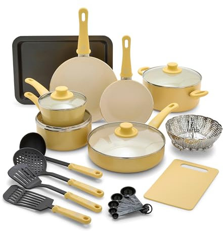 GreenLife Soft Grip Healthy Ceramic Nonstick 18 Piece Kitchen Cookware Pots and Frying Sauce Saute Pans Set, PFAS-Free with Kitchen Utensils and Lid, Dishwasher Safe, Yellow