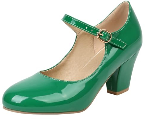 Etebella Damen Riemchen Mary Jane High Heels Pumps mit Blockabsatz und Schnalle Rockabilly Lack Schuhe(Grün,38)