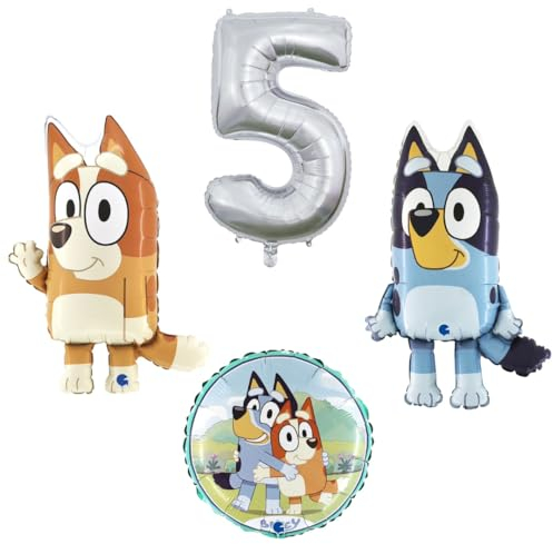 4 teiliges Ballonset mit Bluey und Bingo einer Ballonzahl mit der Nummer 5 in Silber und ein runder Ballon