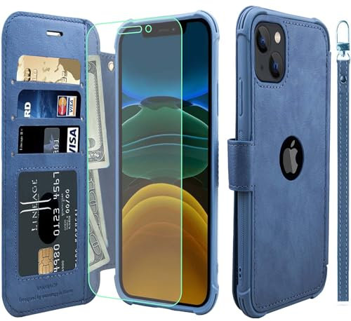 VANAVAGY Compatible with iPhone 13/14 Wallet Case,Rfid Flip Leather Cover with Wrist Supports Wireless Charging,[Glass Screen Protector][Camera Cover],Blue
