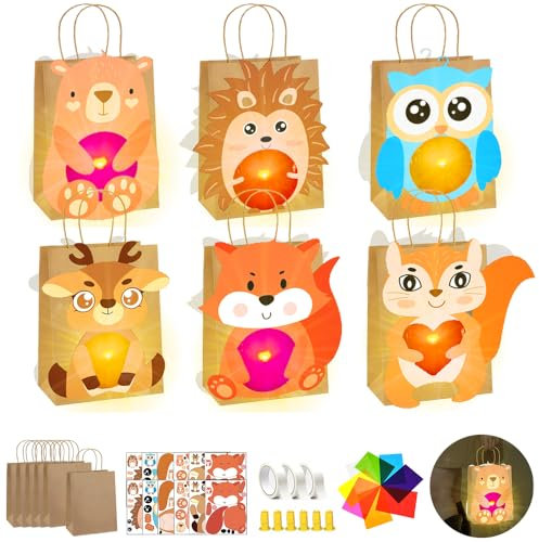 RIRIDAMAI 6 Stück Laternen Bastelset für Kinder,Laternen zum Selber Basteln,LED Laterne,Herbst Basteln Kinder,Papiertüten mit Transparentpapier und Stanzteilen,Fuchs, Eule, Bär,Igel,Reh,Eichhörnchen