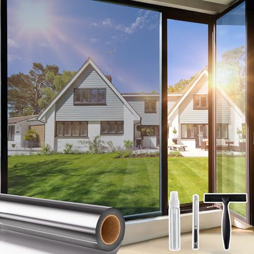 Lifetree Spiegelfolie Fensterfolie Bickdicht Sichtschutz von außen, 44.5x200 cm, Sonnenschutzfolie mit UV-Schutz und Hitzeschutz, selbstklebend, ideal für Wohnzimmer und Büro, Silber-Silber