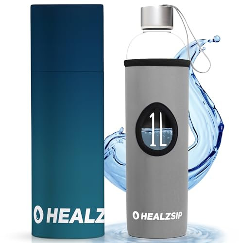 Botella Cristal 1L – Vidrio Borosilicato Reutilizable con Funda de Neopreno y Tapón de Acero Inoxidable – Sin BPA, Apta para Té, Café y Agua Fría – Ideal para Oficina y Escritorio