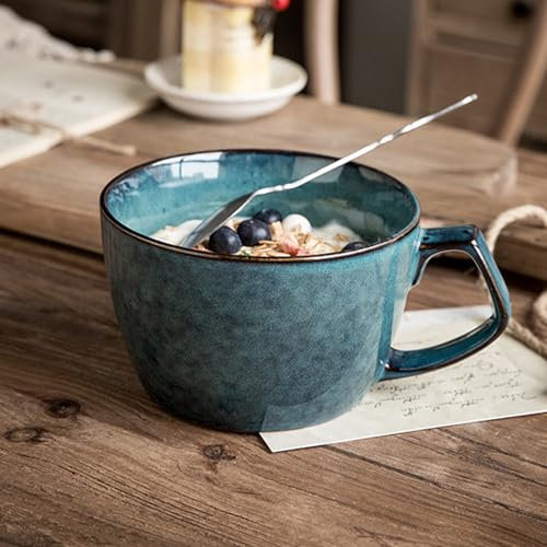 Grande tasse à café XXL en céramique 700 ml avec anse, bol pour petit-déjeuner, céréales, soupe, porridge, salade, tasse en céramique extra large (650 ml, bleue)