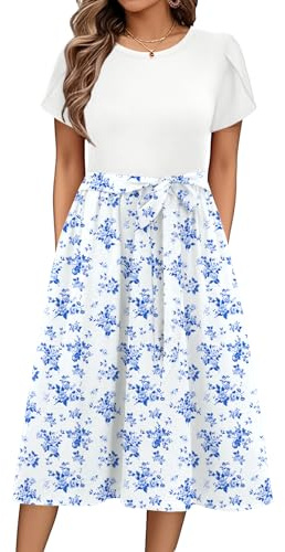 Zeagoo Sommerkleid Damen Elegant Blumenkleid Kurzarm Rundhals Midikleid A Linie Casual Strandkleid Leichte Knielang Tunika Kleider mit Taschen FloralB M