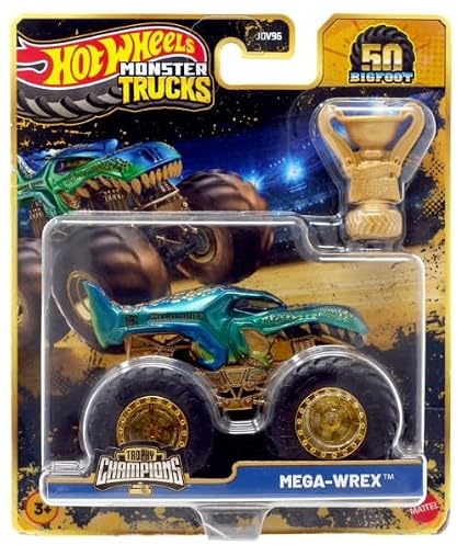 Hot Wheels Monster Trucks 1:64 Scale Trophy Champions Gold Chrome 50th Bigfoot Anniversary Collection You Choose Bone Shaker 5 Alarm Gunkster Mega Wrex Tiger Shark (Mega Wrex)