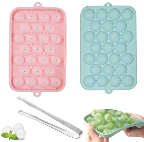 SHENSAIGO Runde Eiswürfelformen Silikon, 2 Stück Eiswürfelform Silikon mit Deckel, 25 Fach Mini Eiswürfelform Rund mit Eiswürfelzange, Eiswürfelbehälter für Bier Cocktails Whisky Saft Kaffee