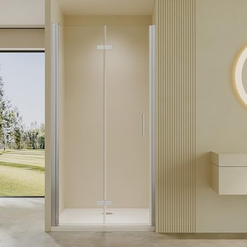 AmuseVera Duschtür 90 cm Einzelfalttür Drehfalttür Nische Duschabtrennung Duschkabine Faltbar Nischendrehtür Falttür Dusche aus 6mm ESG Sicherheitsglas mit Nano-Beschichtung, Höhe 195cm