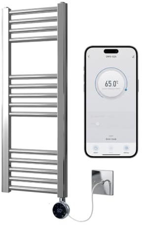 Greened House Chrome Electric WiFi Heated Towel Rail 300mm W x 800mm H | Smart WiFi Controlled, Flat Design, 7 Day Programming, App Compatibility