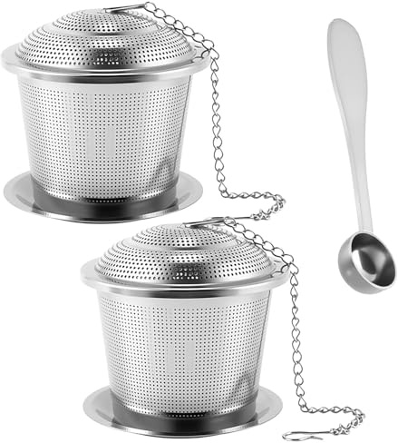 2 PCS Tea Infuser,304 Stainless Steel Tea Strainers with Tea Scoop and Drip Tray with Ultra Fine Mesh Tea Infuser with Extented Chain Hook for Loose Leaf Tea for Tea Lovers