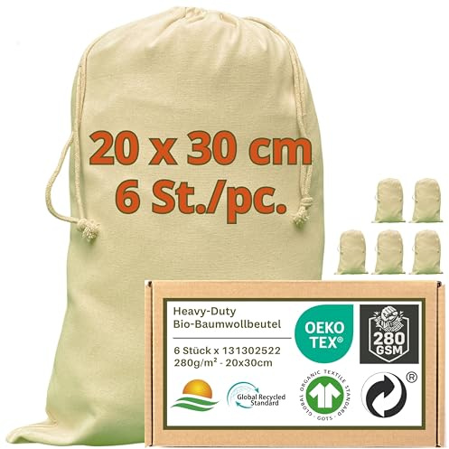 WIESEN.design Stoffbeutel - 280 g/m² OEKO-TEX® zertifizierte Heavy-Duty Baumwolle für langlebige, professionelle Anwendungen, 20x30 cm - 6 St. Kleine Stoffsäckchen, Gift bags, Rohlinge zum beplotten